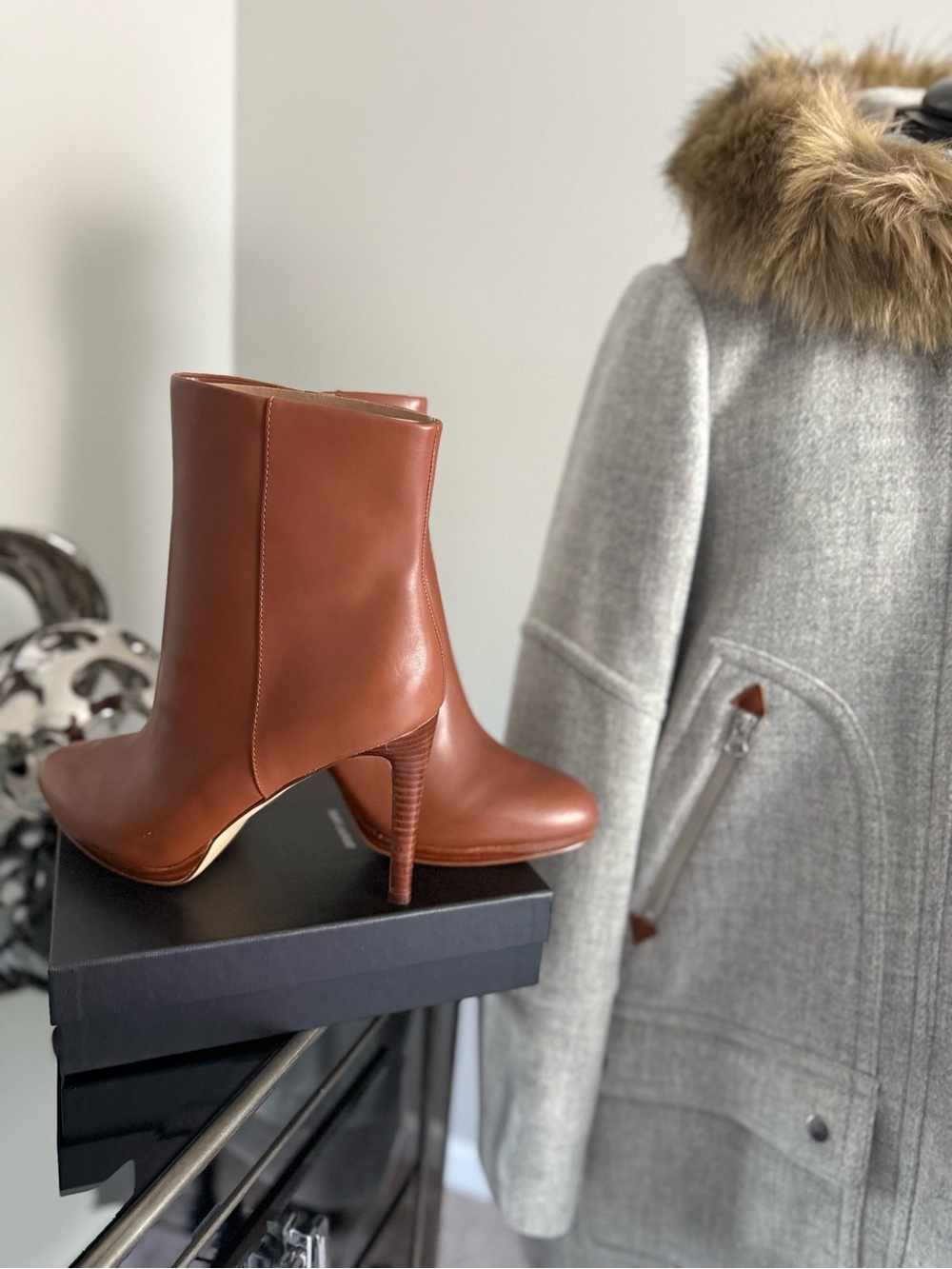 Nine West Cognac Leather High-Heel Ankle Boots